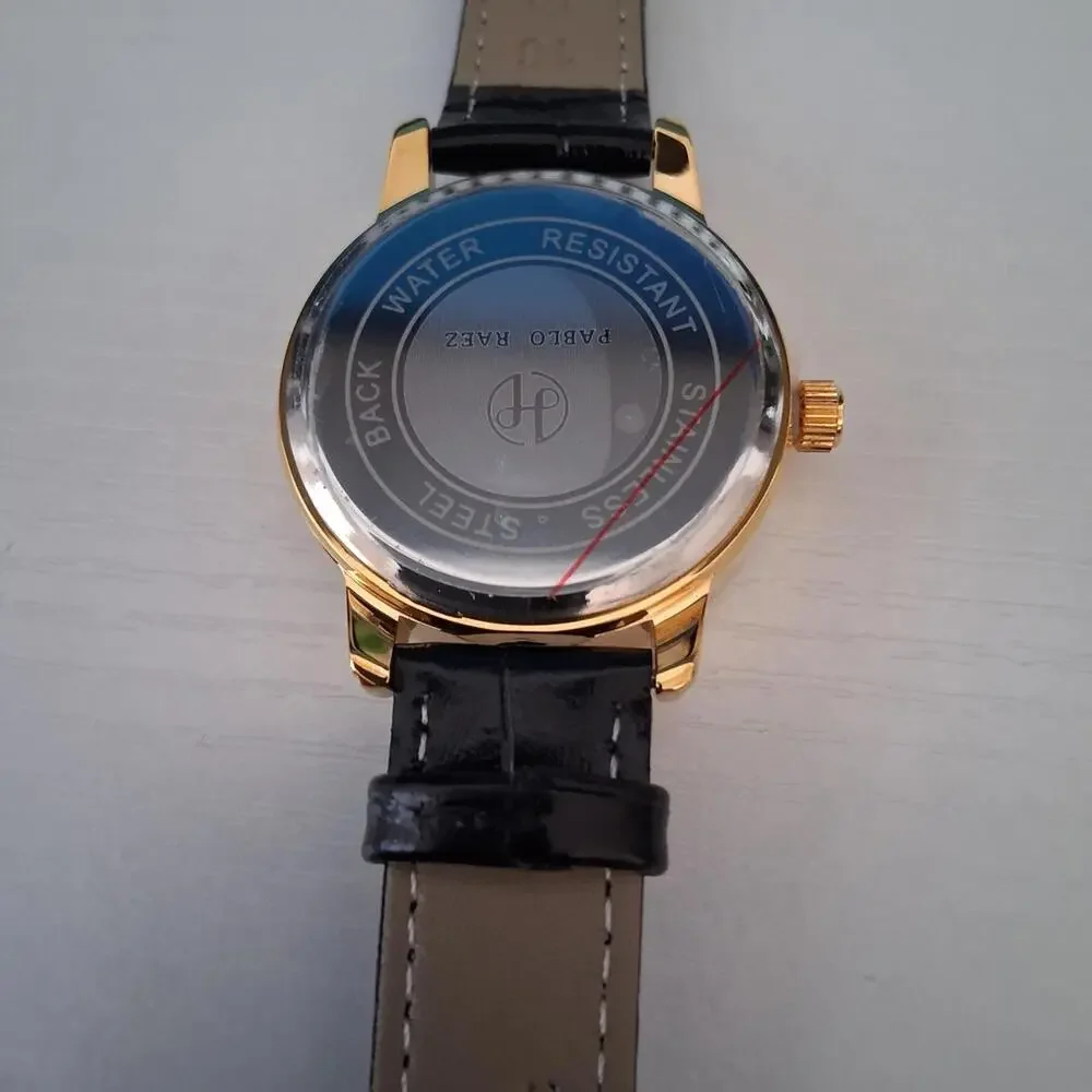 Pablo Raez 34mm Crystal & Leather Luxury Gold Filled Watch